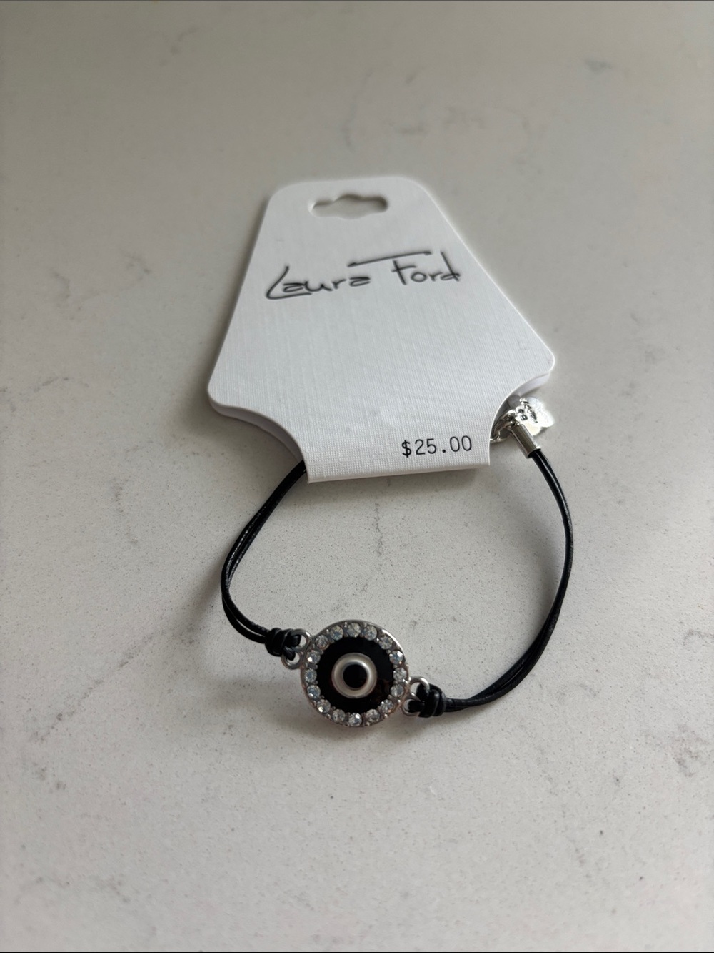 Black Cord Evil Eye Bracelet with Clear Rhinestones